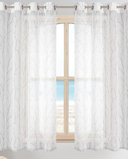 BUHUA Christmas Sheer Curtains 63 Inch Length 2 Panels Set, Sheer Window Curtains Tree Pattern, Privacy Curtain for Kitchen Living Room (52 x 63 Inch, 1 Pair, White)