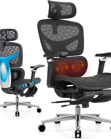 Ergonomic Home Office Desk Chair with Massage Lumbar Support，4D Headrest & 5D Armrests, Reclining Big and Tall 400LBS Mesh Chair with Footrest，Adjustable Back High and Seat Depth(Black)