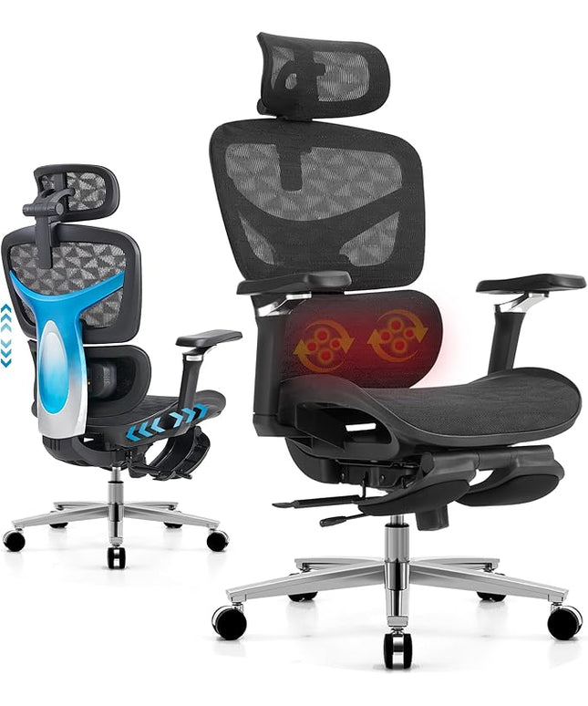 Ergonomic Home Office Desk Chair with Massage Lumbar Support，4D Headrest & 5D Armrests, Reclining Big and Tall 400LBS Mesh Chair with Footrest，Adjustable Back High and Seat Depth(Black)