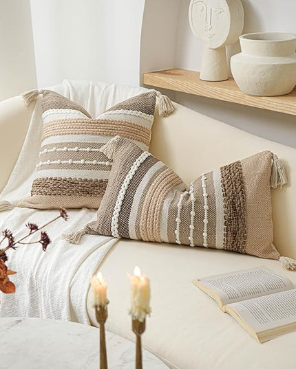 BlissBlush Brown Decorative Throw Pillow Cover 20x20 Square Boho Accent Pillowcase Tassels Farmhouse Cushion for Couch Sofa Bedroom Livingroom Home Décor Cover ONLY (Pack of 1)