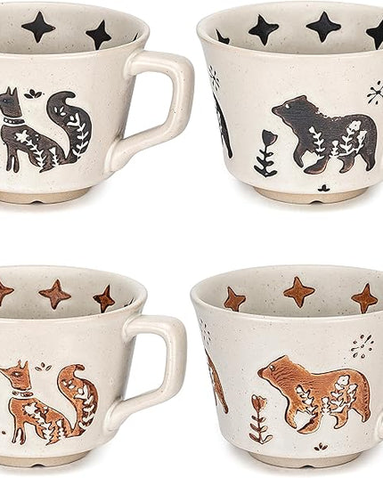 Ceramic Coffee Mug, 12 oz Novelty Unique Teacup with Handle, Stoneware Cup for Tea Mocha Latte Cappuccino Espresso (Set of 4, Fox and Bear)