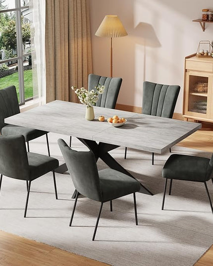 ZckyCine 6-Piece Extendable Dining Table Set, Modern 51''–67'' Grey Wood Table with 6 Black Fabric Chairs, Dining Room Table and Chairs for 6, Ideal for Kitchen or Dining Room