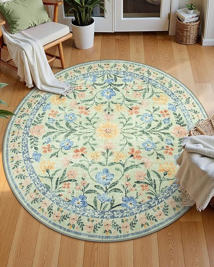 Wonnitar Washable Floral Round Rug, 6ft Sage Green Round Area Rugs for Bedroom Nursery, Boho Non-Slip Indoor Large Circle Carpets for Dining Room Living Room Kids Playroom