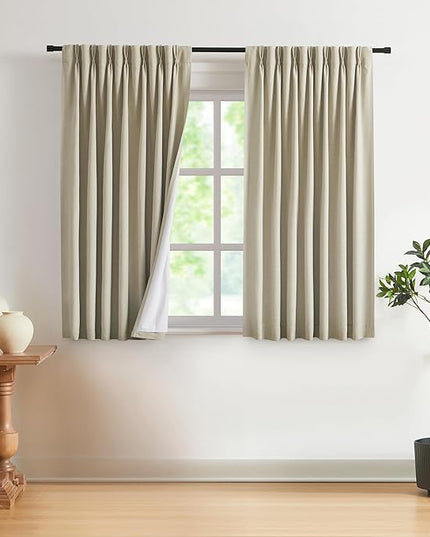 Vision Home Sand Pinch Pleated Full Blackout Curtains Linen Blended Room Darkening Window Curtains 63 inch for Living Room Bedroom Thermal Insulated Pinch Pleat Drapes with Hooks 2 Panel 40" Wx63 L