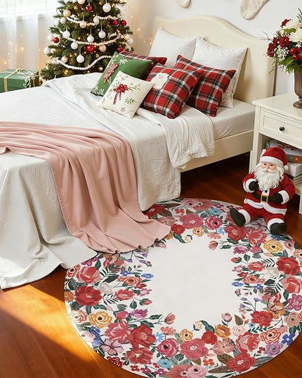 Wonnitar Washable 4ft Round Area Rug, Red Camellia Floral Living Room Rugs for Bedroom Girls, Low Pile Soft Flower Throw Carpet for Kids Nursery Room (Red,4ft Round)