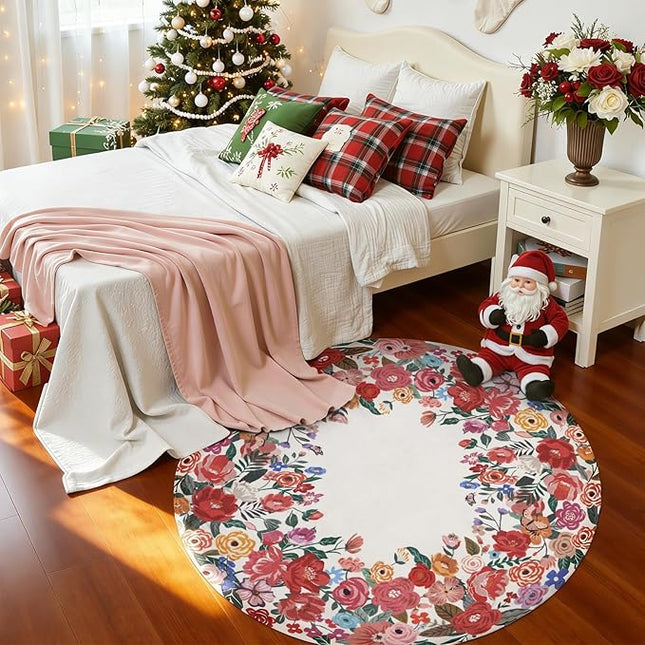 Wonnitar Washable 4ft Round Area Rug, Red Camellia Floral Living Room Rugs for Bedroom Girls, Low Pile Soft Flower Throw Carpet for Kids Nursery Room (Red,4ft Round)