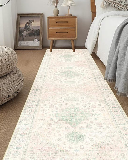 MUJOO Washable Runner Rug,2x8 Runners for Kitchen Bathroom Hallway Bedroom Entryway Laundry,Non Slip Long Mat Indoor,Boho Throw Carpet Low Pile Light Pink and Green