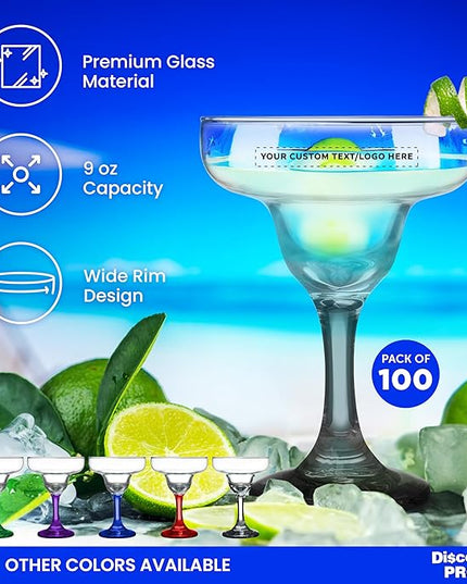 DISCOUNT PROMOS 100 Margarita Glasses Set, 9 oz. - Personalized Text, Logo - Classic, Smooth, Barware, Glassware - Black