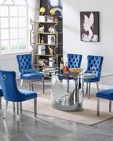 7 Piece Dining Table Set, Modern Glass Dining Table Set for 6 with Velvet Chairs, 70" Luxury Dining Table Chairs Set of 6, Kitchen Dining Room Sets for Dinner Dinette Breakfast Banquet, Blue+Silver