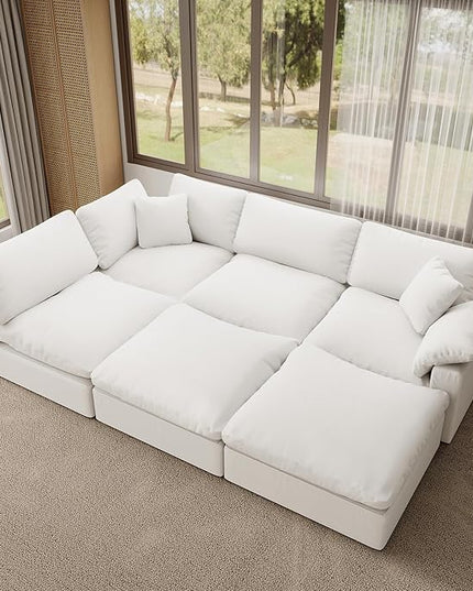Modular Sectional Sofa,Extra Comfty Deep-Seat-Filled Couch, White 6 Seat U Shape Sofas with Movable Ottoman, Modern Couches for Living Room, Apartment, Office,Small Space