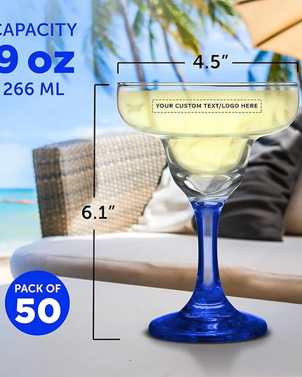 DISCOUNT PROMOS 50 Margarita Glasses Set, 9 oz. - Personalized Text, Logo - Classic, Smooth, Barware, Glassware - Blue