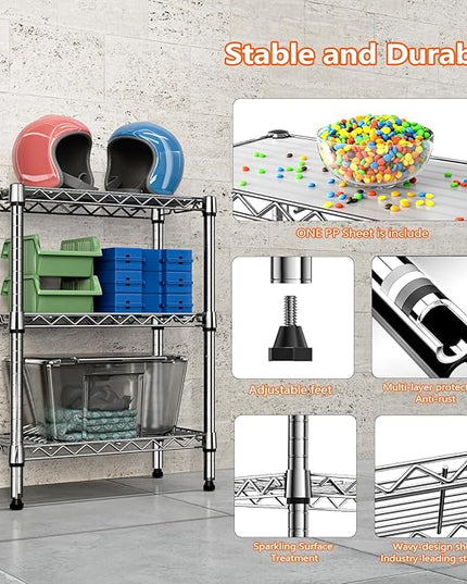 750 lbs 3 Tier Shelf Metal Storage Shelves Wire Rack Closet Organizers with PP Board for Garage Kitchen Bathroom Laundry Chrome 11.8" D x 21.7" W x 28.6" H