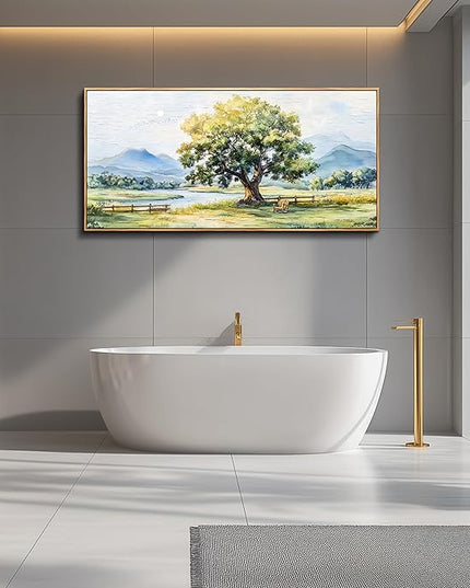PHAOHUAXM Large Canvas Wall Art For Living Room Wall Decor For Office Bedroom Hotel room Green Tree Ink-Wash Landscape Painting Wood Framed Farmhouse Home Decoration Artwork Ready To Hang 24x48In