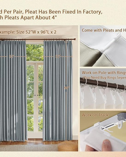 Textured Linen Double Pleats 100% Blackout Curtains for Bedroom/Living Room Blackout Curtains 108 Inches Long, Energy Saving Window Treatment Curtains,120Wx108Lx2,Grey Blue