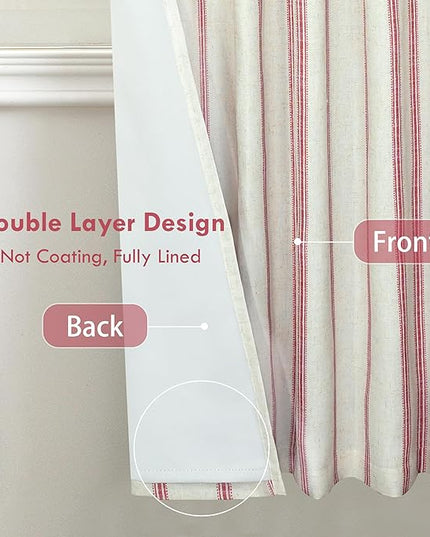 DriftAway Farmhouse Linen Blend Blackout Curtains 36 Inches Long for Bedroom Vertical Striped Printed Linen Curtains Thermal Insulated Lined Treatments for Living Room 2 Panels W52 x L36 Linen Red