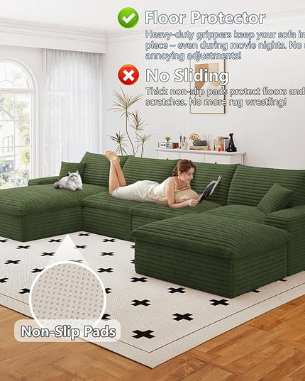 136" Cloud Couch Modular Sectional Sofa for Living Room, U-Shape Boneless Couch with Deep Seat, Modern Corduroy 4-Seater with Ottoman, No Assembly Required (Green,Left-Facing Chaise)