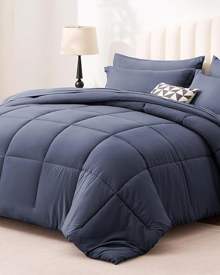 Love's cabin Queen Comforter Set Indigo Blue, 7 Pieces Queen Bed in a Bag, All Season Bedding Sets with 1 Comforter, 1 Flat Sheet, 1 Fitted Sheet, 2 Pillowcase and 2 Pillow Sham