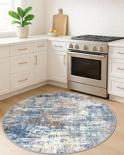 IOHOUZE Round Area Rug 5 Ft Circle Entryway Rugs Round Washable Door Mat Indoor Entrance, Non Slip Circle Front Door Rug, Printed Abstract Faux Wool Floor Carpet for Foyer Porch Sink, Blue Rust