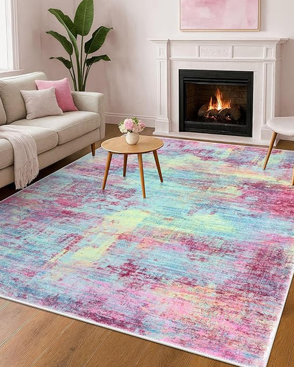 IOHOUZE Abstract Area Rugs 6x9 Ft Washable Rugs for Living Room, Non Slip Dining Room Rug, Printed Faux Wool Rugs for Bedroom, Floor Carpet for Office Nursery Playroom, Pink Teal