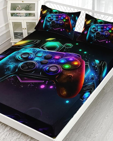 AILONEN Gamepad Fitted Sheet for Kids Girls Twin XL Size, Beautiful Gamer Bed Sheet Set,3D Colorful Game Handle Theme Bed Sheet Sets,1 Fitted Sheet and 2 Pillowcases,3 PCS,All Season Use