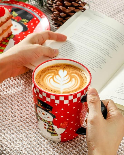 HASENSE Coffee Mugs, 15 OZ Coffee Cups Ceramic Set of 4 with Handle and Snowman Patterns for Man Woman, Colorful Christmas Porcelain Coffee Cups Set for Tea, Cocoa, Milk, Latte and Cappuccino