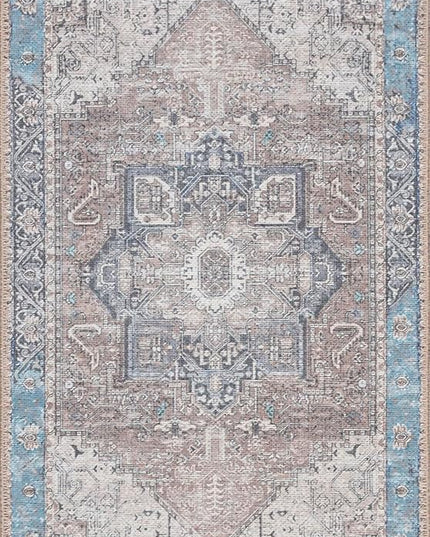 GLN Rugs Traditional Collection - Machine Washable Area Rug, Traditional Washable, Non Slip, Low Pile Chenille Rug, Living Room, Bedroom, Kitchen Rug (2'x3' Brown/Blue)