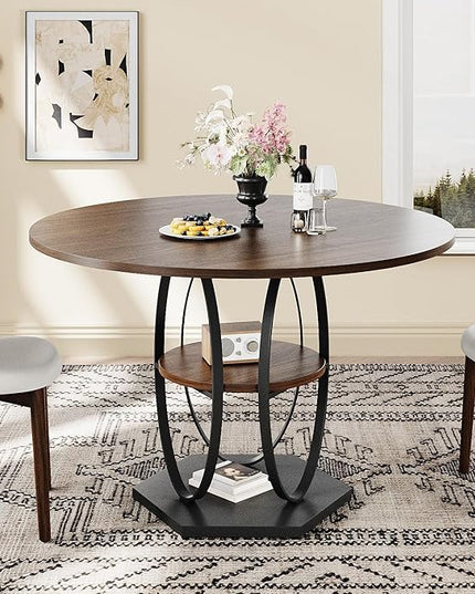 Round Dining Table for 4, 3-Tier Dinner Room Tables with Storage Shelf, Space Saving Small Kitchen Table, Farmhouse Dinner Table with Wooden Tabletop and Hexagonal Base (Walnut, 42inch)
