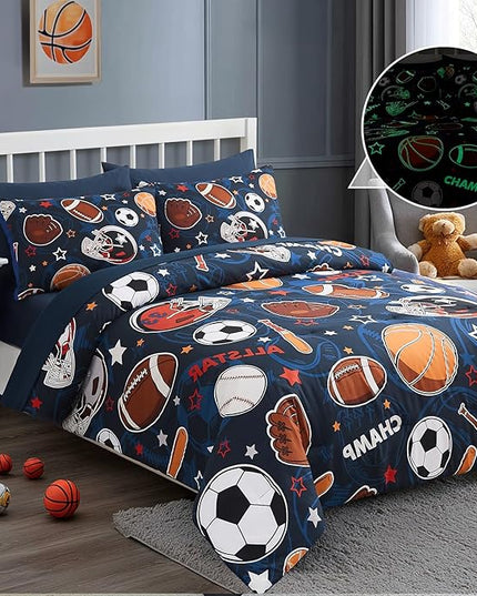 Full Size Comforter Set for Boys-7 Pieces Sports Ball Games Glow in The Dark Full Bedding Sets for Kids, Ultra Soft Bed in A Bag with Sheets