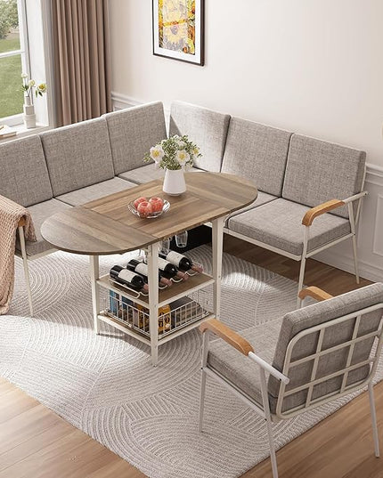 VFK 3 Piece Dining Table Set, 51 Inch Modern Kitchen Folding Breakfast Table with Right Seat Storage Corner Stools and Dining Chairs for Home Dining Room Furniture