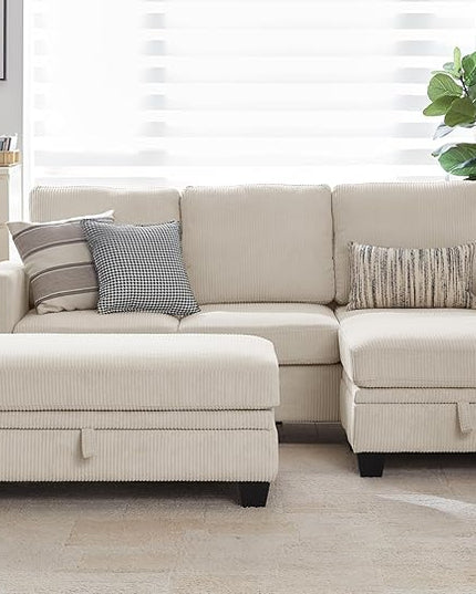 CHIC HOUSE Corduroy Modular Sectional Couch with Ottoman Chaise, L/U Shaped Sleeper Sofa for Living Room, Apartment, Lounge, Modern Armrest Neck Support Furniture (6 Seater Sleeper, Beige)