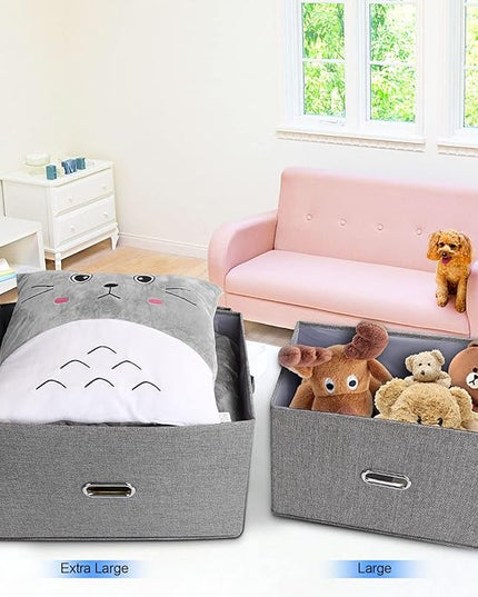 Large Linen Fabric Foldable Storage Bins with Removable Lid and Handles, Washable Storage Box Organizer Containers Baskets Cube with Cover for Bedroom,Office (Green, Extra Large(2-Pack))