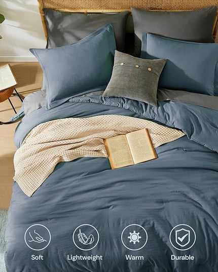 WRENSONGE Queen Comforter Set - 7 Pieces Blue Grey Bed in a Bag Queen with Sheets, 2 Pillow Shams, and 2 Pillowcases- Warm Bedding Sets Queen for All Season