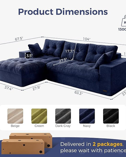 MAXYOYO 104" L Shaped Modular Sectional Sofa with Ottoman, Cloud Boneless Couch with Layered Cushion, Upholstered Sofa in a Box, Flexible Module Combination for Living Room, No Assembly, Navy