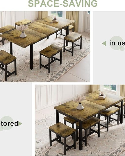 Feonase 7-Piece Dining Table Set with 6 Stools, 63 Inch Extendable Kitchen Table for 4-8, Kitchen Room Set with MDF Board & Metal Frame, Farmhouse Table, Space-Saving, Rustic Brown