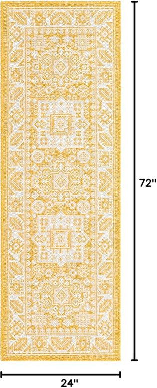 Rugs.com Outdoor Aztec Collection Rug – 6 Ft Runner Yellow Flatweave Rug Perfect for Hallways, Entryways