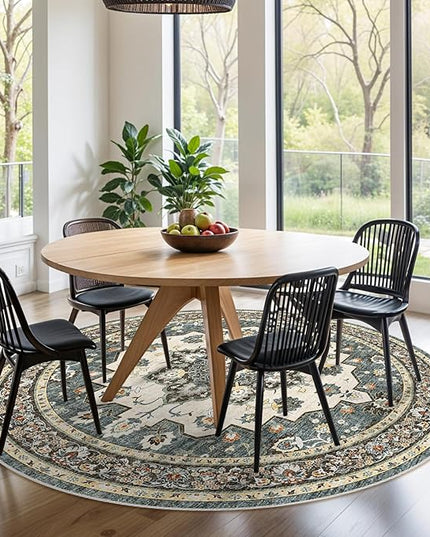 Washable Oriental Area Rug - 9ft Round Rugs for Living Room Soft Carpet for Bedroom Waterproof Floral Distressed Indoor Stain Resistant Non-Shedding Floor Carpets (Blue, 9ft-Round)