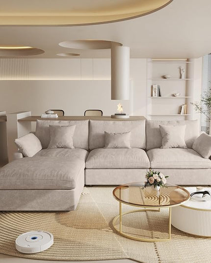Cloud Couch Modular Sectional Sofa,119.29" L Shaped Couch, Oversized Down Filled Convertible Wide Seater,3 Seater with 1 Ottoman for Living Room Set, Covers Washable&Replaceable,Khaki