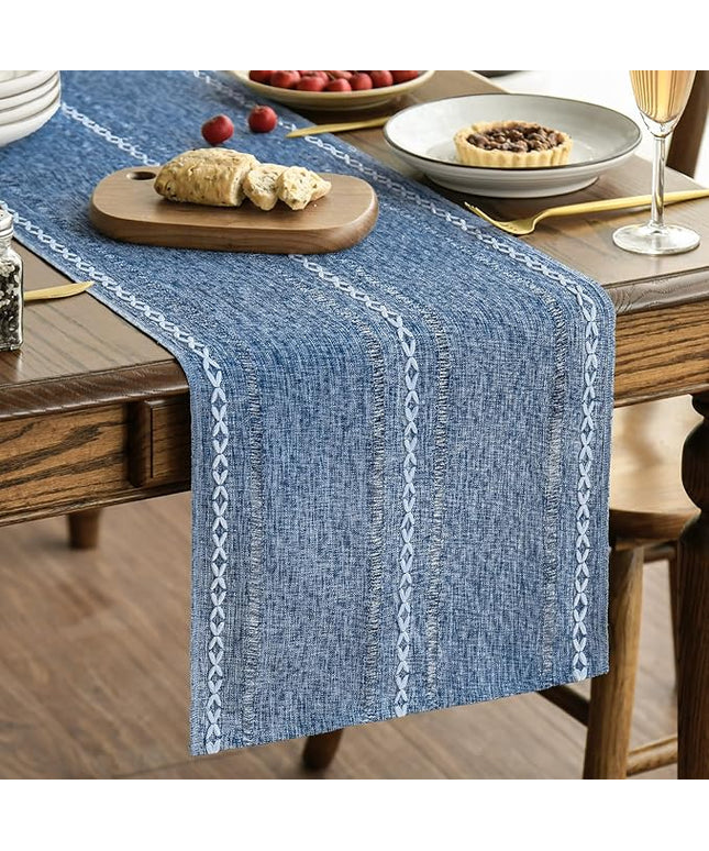 Artoid Mode Blue Rustic Cotton Linen Table Runner, Seasonal Embroidered Hollow Kitchen Dining Table Decoration for Home Party Decor 13x108 Inch