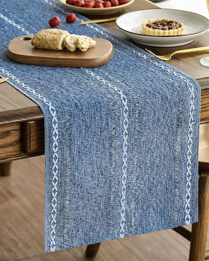 Artoid Mode Blue Rustic Cotton Linen Table Runner, Seasonal Embroidered Hollow Kitchen Dining Table Decoration for Home Party Decor 13x72 Inch