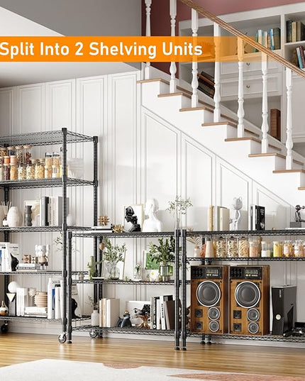 Himimi 5-Tier Heavy Duty Steel Wire Rack Storage Shelving, Adjustable Metal Storage Shelves with Wheels, 82''H Wire Shelf for Kitchen Garage Basement Pantry Organization, 18" D×36" W×82" H-Black