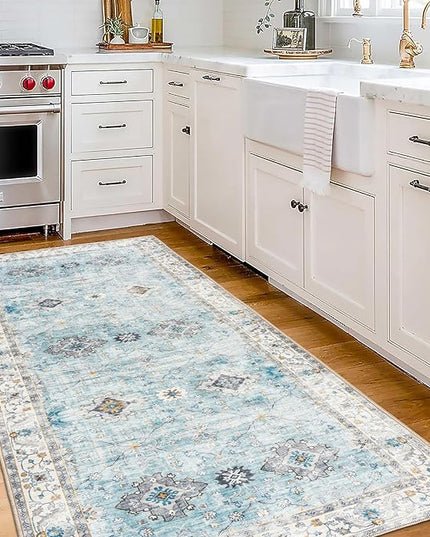 ReaLife Rugs Machine Washable Area Rug Runner - Living Room Bedroom Bathroom Kitchen Entryway Office - Padded Low Pile Stain Resistant Premium - Boho Farmhouse Vintage - BEV - Blue Ivory 2'6" x 6'
