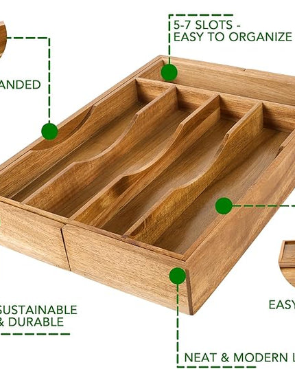 Expandable Acacia Kitchen Drawer Organizer for Cutlery and Utensils, Adjustable Acacia Wood Cutlery Tray in Drawer for Flatware and Silverware in Kitchen