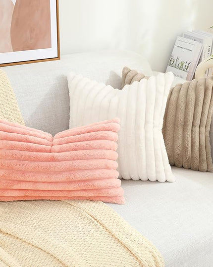 decorUhome Faux Fur Spring Throw Pillow Covers 12x20 Set of 2, Decorative Soft Plush Striped Neutral Couch Euro Pillow Covers with Velvet Back for Sofa, Bed, Living Room Home Decor, Blush Pink