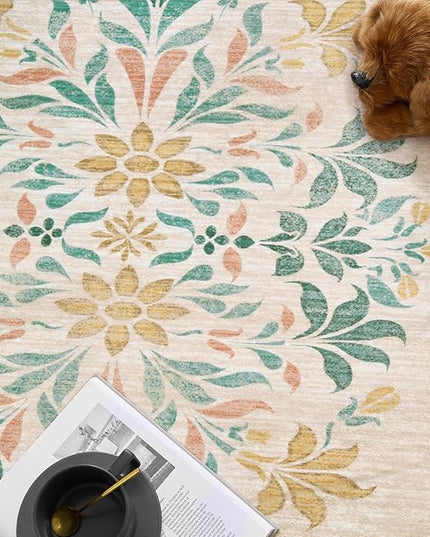 jinchan Round Rug 5ft Area Rugs Vintage Floral Distressed Design, Machine Washable Soft Non-Slip Low-Pile Ultra-Thin Circle Rug for Entryway Living Room Dining Room Bedroom (5' Round, Apricot Multi)
