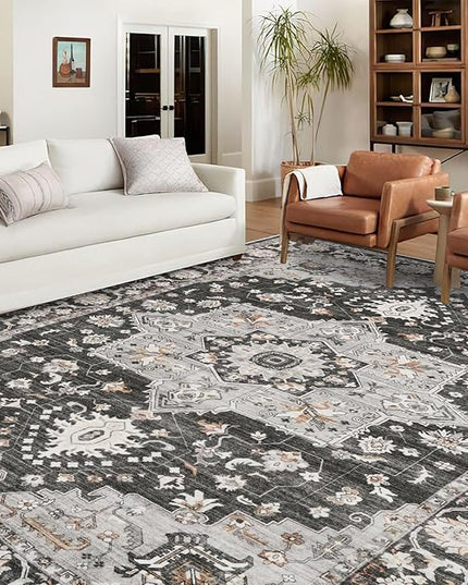 Washable Oriental Area Rug - 9x12 Rugs for Living Room Soft Carpet for Bedroom Waterproof Floral Distressed Indoor Stain Resistant Non-Shedding Floor Carpets (Black, 9x12)