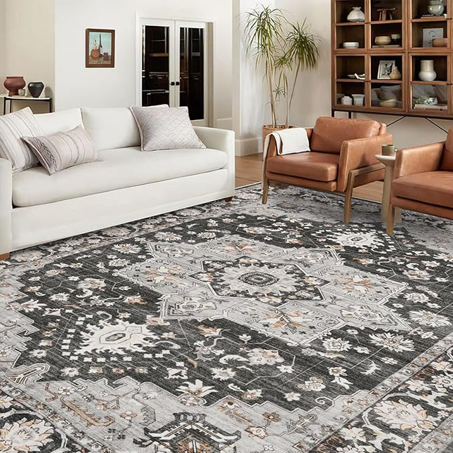 Washable Oriental Area Rug - 9x12 Rugs for Living Room Soft Carpet for Bedroom Waterproof Floral Distressed Indoor Stain Resistant Non-Shedding Floor Carpets (Black, 9x12)