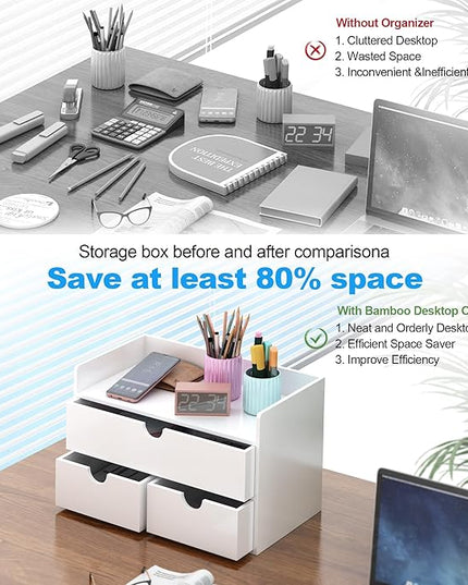 Wisuce Bamboo Desk Organizer - Mini Bamboo Desk Drawer Tabletop Cosmetic Storage Organization for Office or Home White with Shelf