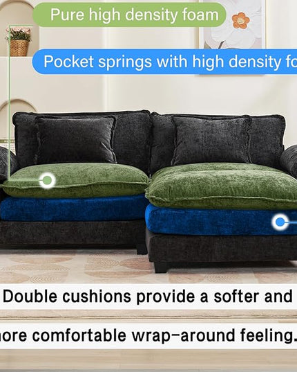 86" Modular Sectional Sofa, Comfy Cloud Couch Sectional Sofa with Ottoman, Chenille Sofa Sleeper Deep Seat Sofa with Throw Pillows for Living Room (Black, 86"- L Shape)