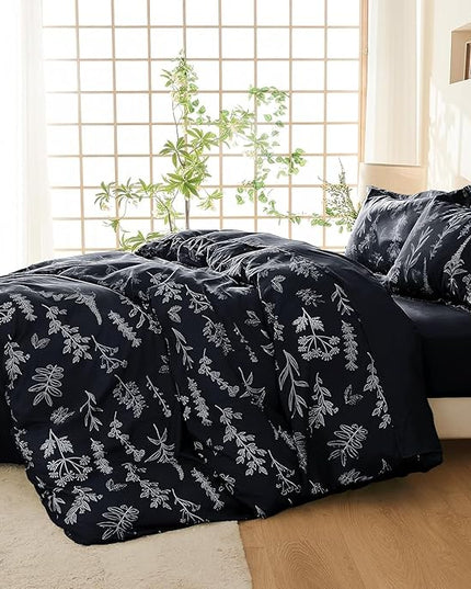 MUXHOMO Black Twin Comforter Set, Elegant Floral Print Bed in a Bag 5 Pieces, Ultra Soft & Breathable Reversible Botanical Pattern Bedding Set with Comforter, Sheets, Pillowcase, and Sham