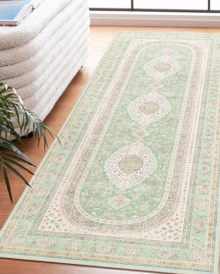 Washable Runner Rug 2x6,Green Rug Runners Non Slip,Long Boho Rugs for Hallways Kitchen Bedroom Entryway Living Room Bathroom,Vintage Bohemian Distressed Oriental Floor Carpet,Sage Blush Floral